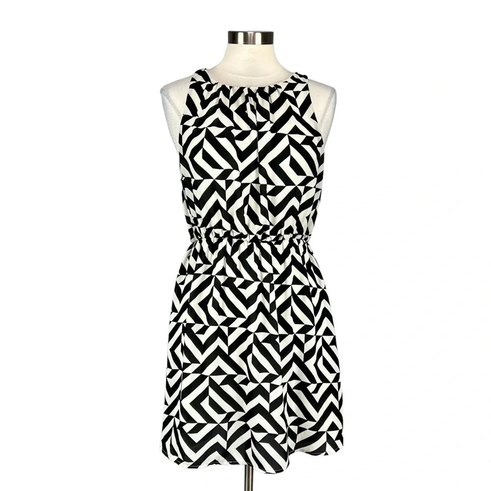 Francesca Bird Cage Womens Sleeveless Dress Black White Geo Print size Large - Picture 1 of 11